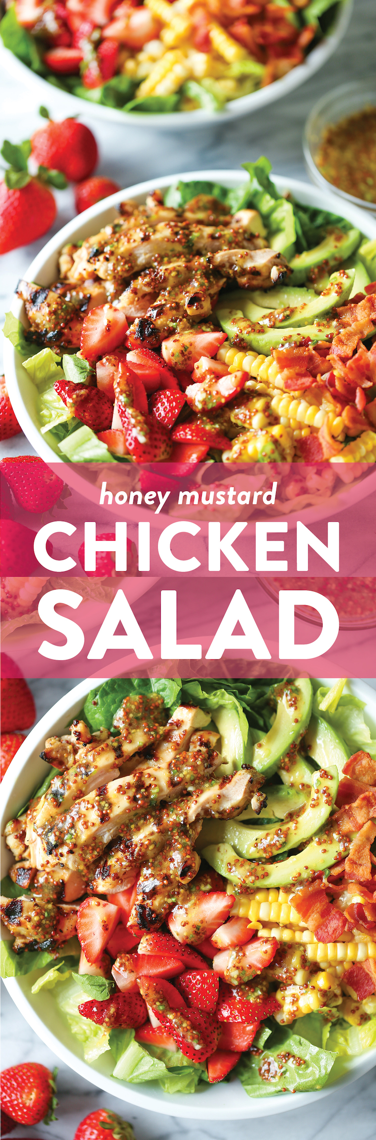 Honey Mustard Chicken Salad - Made with the juiciest, tender honey mustard chicken, romaine, strawberries, avocado and corn. And the dressing is perfection!