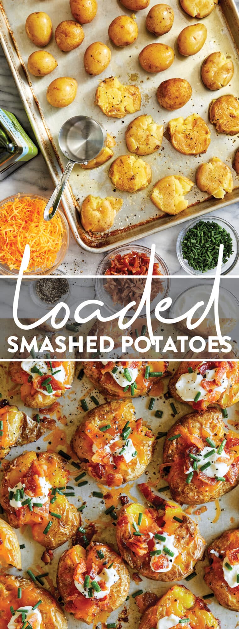 Loaded Smashed Potatoes - SUPER CRISPY smashed potatoes topped with sour cream, bacon + chives. The easiest most perfect bite-sized appetizer.