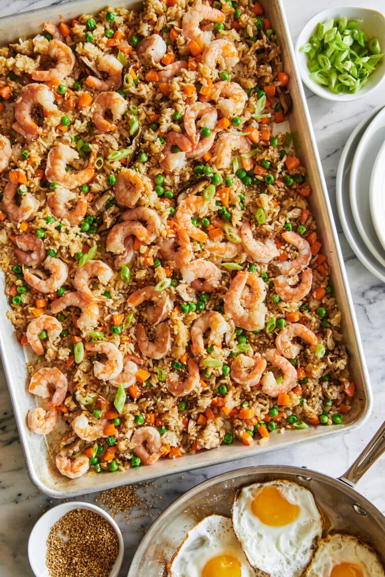 Sheet Pan Fried Rice - This is such a great way to use leftover rice! And this sheet pan version is so easy with the crispiest edges. SO GOOD.