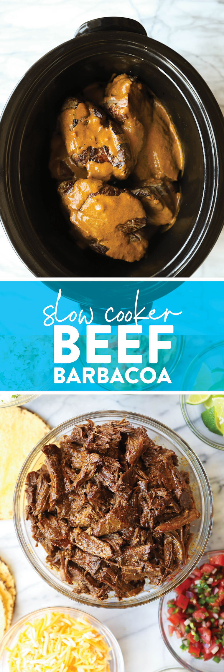 Slow Cooker Beef Barbacoa - So easy and so flavorful! Cooked low + slow in the crockpot. Perfect for tacos, burritos, quesadillas, and more!