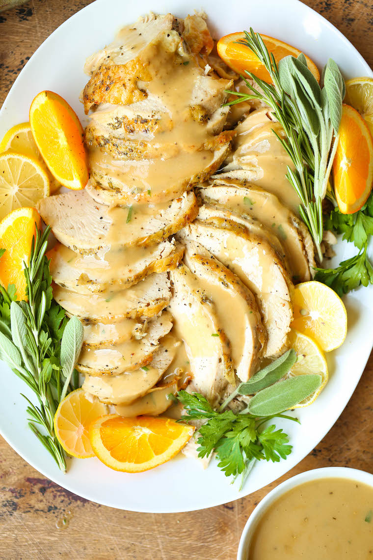 Slow Cooker Turkey Breast - Moist, tender, perfectly seasoned crockpot turkey. No oven space needed! Includes the best turkey gravy using the drippings!